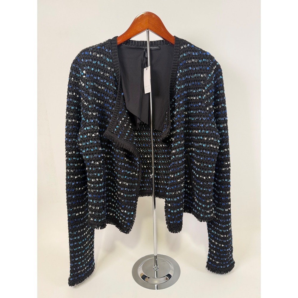 White House Black Market Tweed Moto‎ Jacket Women's Large Blue Black Open Front